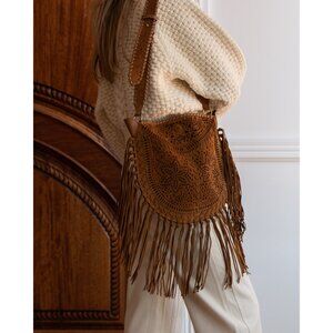 ISABEL MARANT Tan Brown Suede Leather OSKAN Cutout Fringe Western Crossbody Bag